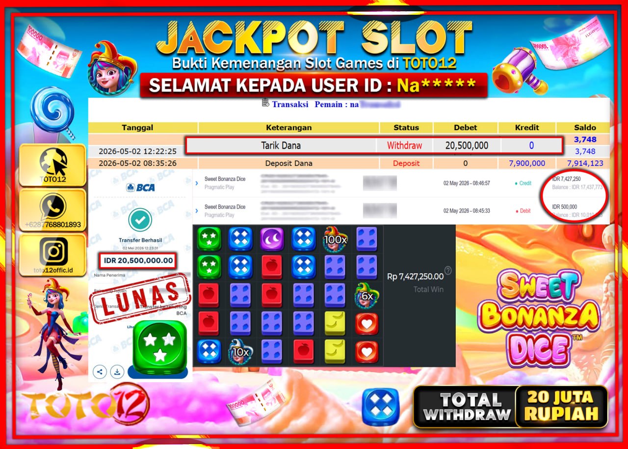 HANYA DI TOTO12 JP PASTI DI BAYAR LUNAS DAN CEPAT!!!!!! JACKPOT SLOT GAME (SWEET BONANZA DICE) Rp.20.500.000!!!!