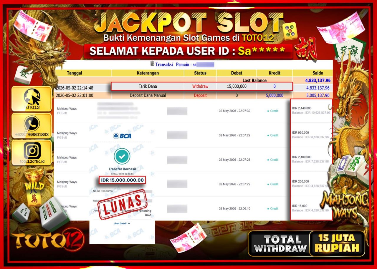 HANYA DI TOTO12 JP PASTI DI BAYAR LUNAS DAN CEPAT!!!!!! JACKPOT SLOT GAME (MAHJONG WAYS) Rp.15.000.000!!!!