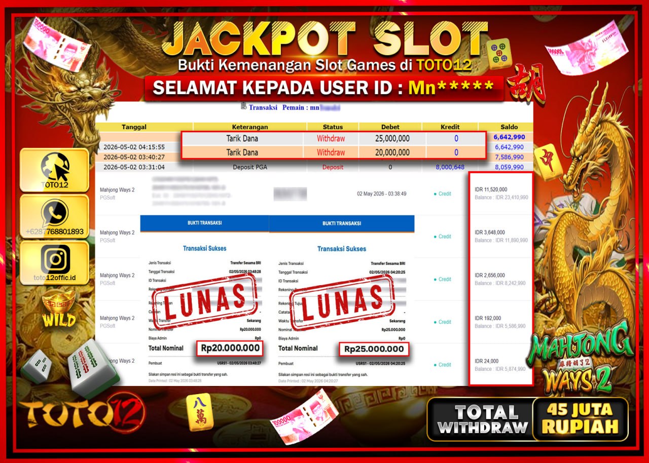 HANYA DI TOTO12 JP PASTI DI BAYAR LUNAS DAN CEPAT!!!!!! JACKPOT SLOT GAME (MAHJONG WAYS 2) Rp.45.000.000!!!!