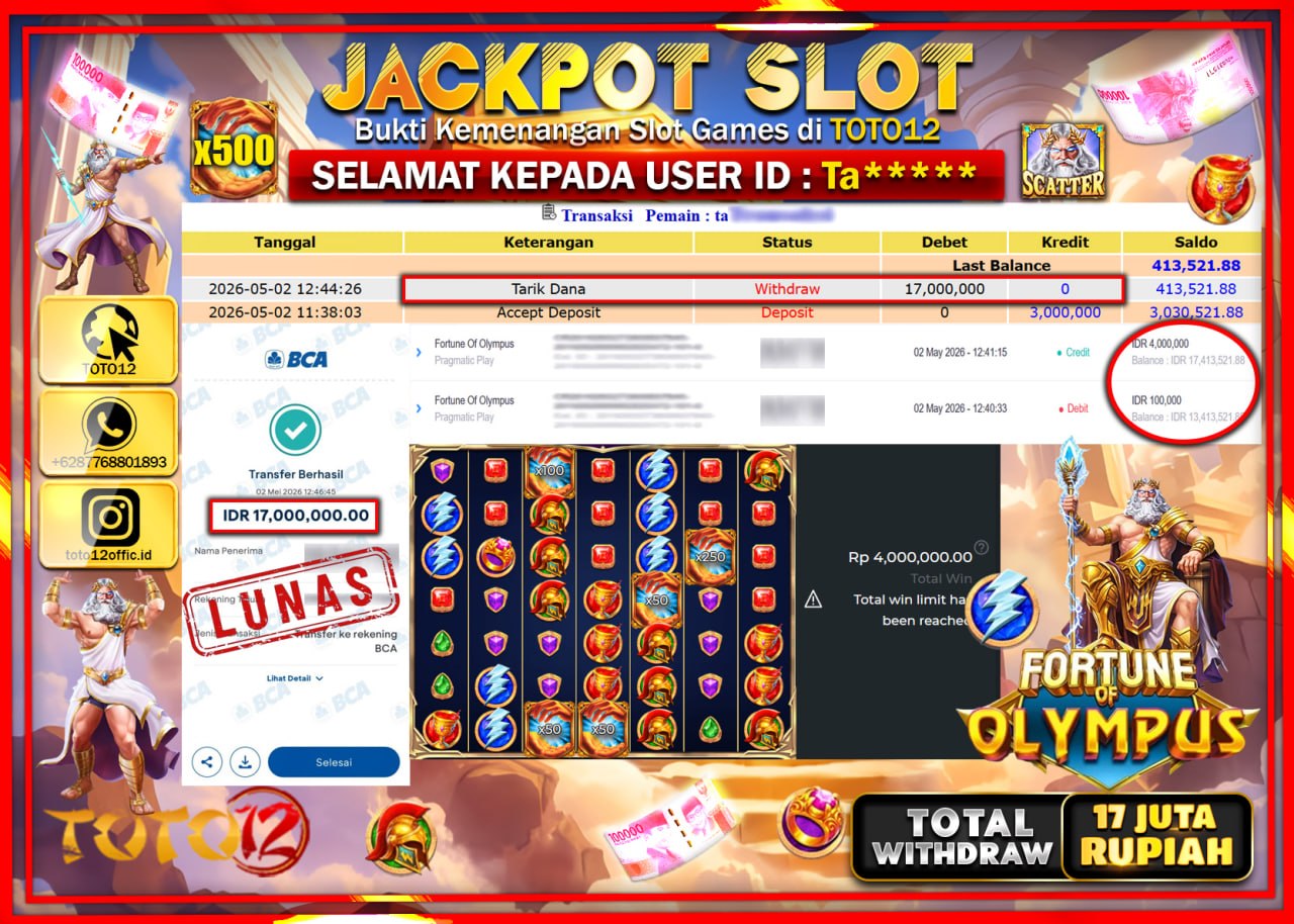 HANYA DI TOTO12 JP PASTI DI BAYAR LUNAS DAN CEPAT!!!!!! JACKPOT SLOT GAME (FORTUNE OF OLYMPUS) Rp.17.000.000!!!!