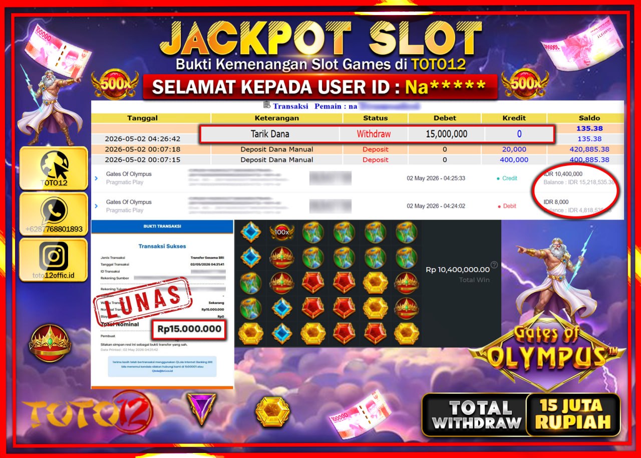 HANYA DI TOTO12 JP PASTI DI BAYAR LUNAS DAN CEPAT!!!!!! JACKPOT SLOT GAME (GATES OF OLYMPUS) Rp.15.000.000!!!!