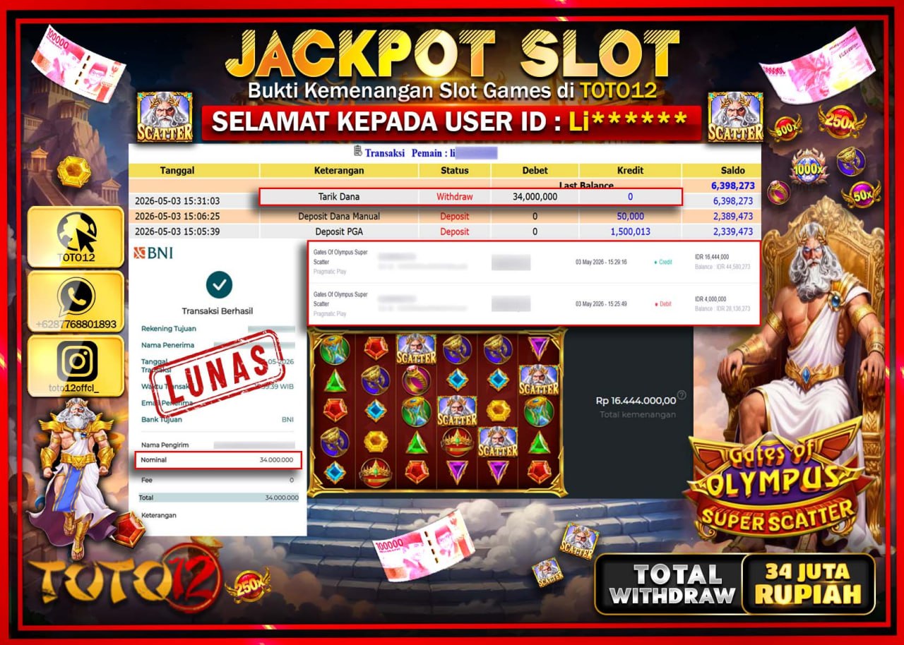HANYA DI TOTO12 JP PASTI DI BAYAR LUNAS DAN CEPAT!!!!!! JACKPOT SLOT GAME (GATES OF OLYMPUS SUPER SCATTER) Rp.34.000.000!!!!