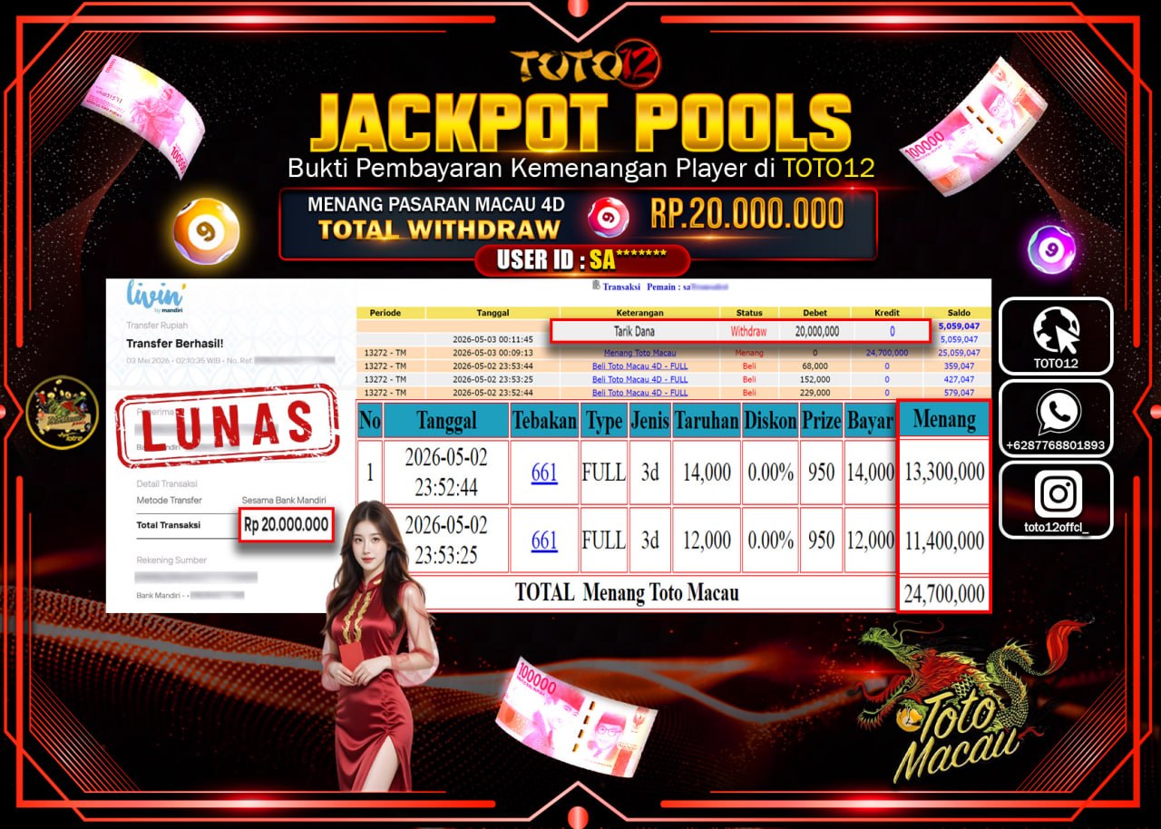 HANYA DI TOTO12 JP PASTI DI BAYAR LUNAS DAN CEPAT!!!!!! JACKPOT POOLS PASARAN (MACAU4D) Rp.20.000.000!!!!
