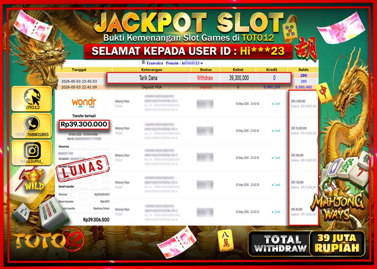 HANYA DI TOTO12 JP PASTI DI BAYAR LUNAS DAN CEPAT!!!!!! JACKPOT SLOT GAME (MAHJONG WAYS) Rp.39.300.000!!!!