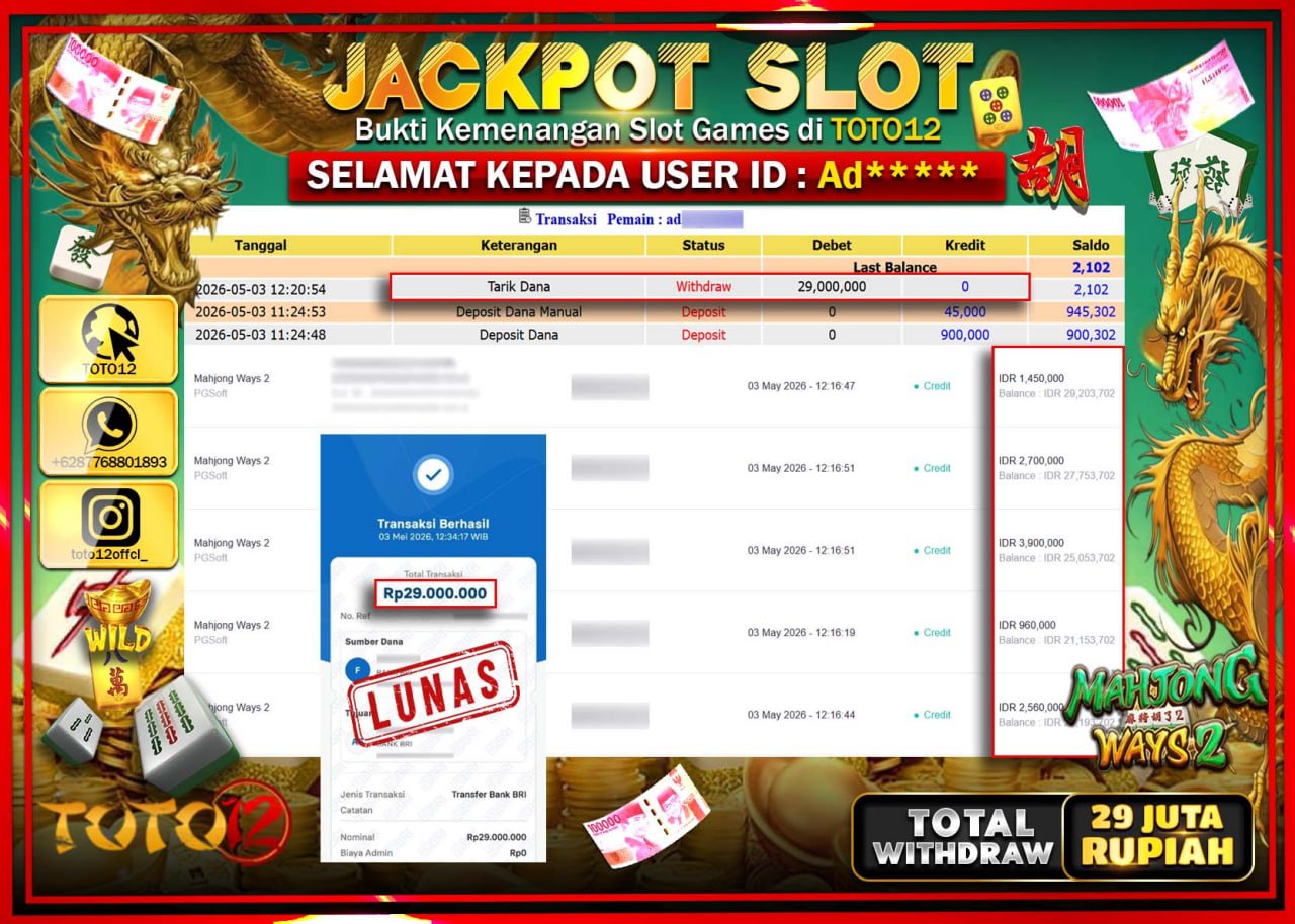 HANYA DI TOTO12 JP PASTI DI BAYAR LUNAS DAN CEPAT!!!!!! JACKPOT SLOT GAME (MAHJONG WAYS 2) Rp.29.000.000!!!!