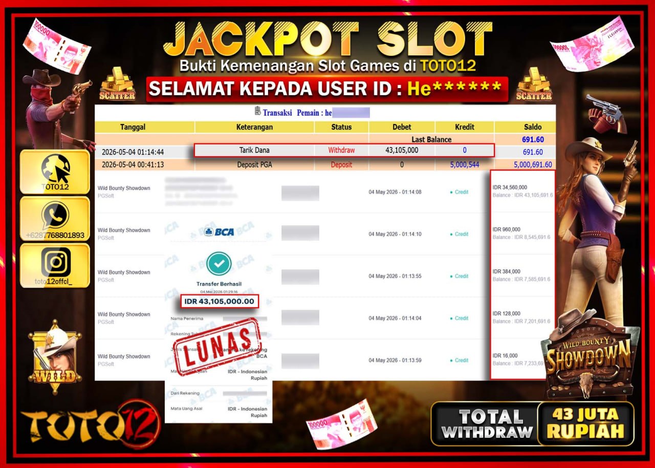 HANYA DI TOTO12 JP PASTI DI BAYAR LUNAS DAN CEPAT!!!!!! JACKPOT SLOT GAME (WILD BOUNTY SHOWDOWN) Rp.43.105.000!!!!