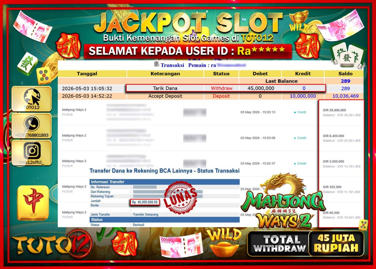 HANYA DI TOTO12 JP PASTI DI BAYAR LUNAS DAN CEPAT!!!!!! JACKPOT SLOT GAME (MAHJONG WAYS 2) Rp.45.000.000!!!!