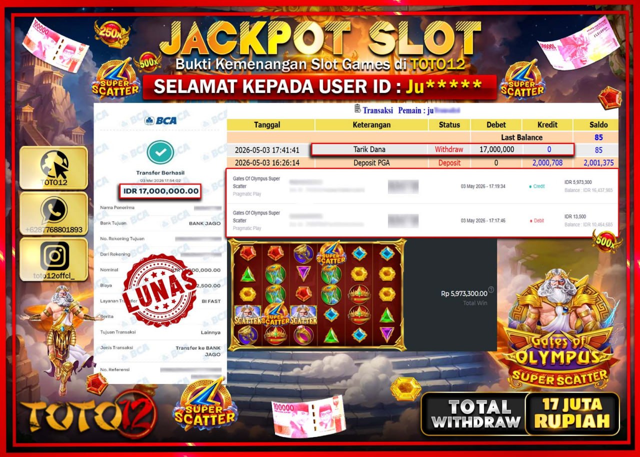 HANYA DI TOTO12 JP PASTI DI BAYAR LUNAS DAN CEPAT!!!!!! JACKPOT SLOT GAME (GATES OF OLYMPUS SUPER SCATTER) Rp.17.000.000!!!!