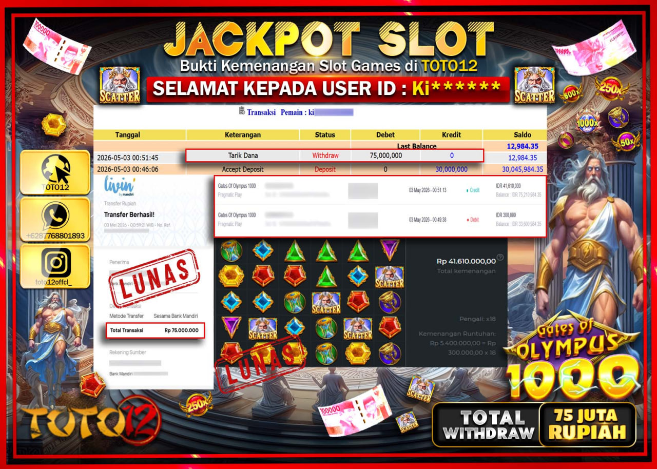 HANYA DI TOTO12 JP PASTI DI BAYAR LUNAS DAN CEPAT!!!!!! JACKPOT SLOT GAME (GATES OF OLYMPUS 1000) Rp.75.000.000!!!!