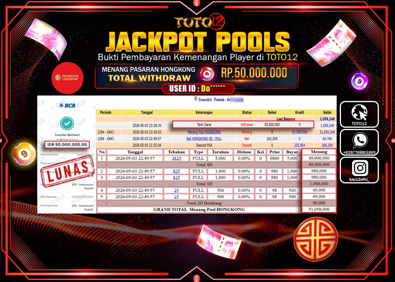 HANYA DI TOTO12 JP PASTI DI BAYAR LUNAS DAN CEPAT!!!!!! JACKPOT POOLS PASARAN (HONGKONG) Rp.50.000.000!!!!