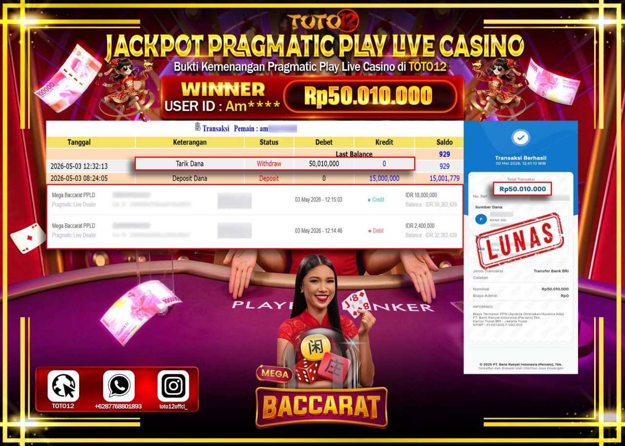 HANYA DI TOTO12 JP PASTI DI BAYAR LUNAS DAN CEPAT!!!!!! JACKPOT PRAGMATIC PLAY LIVE CASINO (MEGA BACCARAT) Rp.50.010.000!!!!