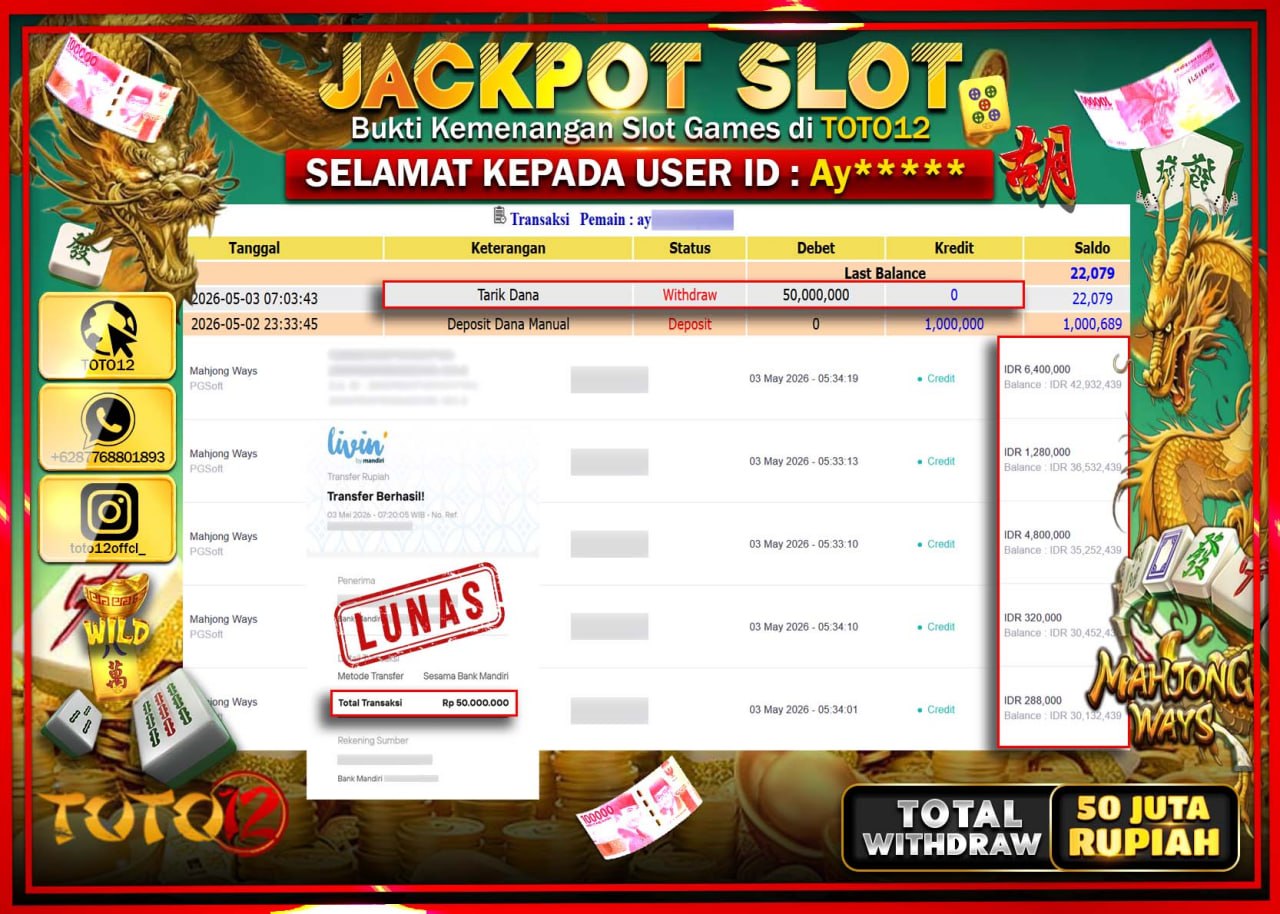 HANYA DI TOTO12 JP PASTI DI BAYAR LUNAS DAN CEPAT!!!!!! JACKPOT SLOT GAME (MAHJONG WAYS) Rp.50.000.000!!!!