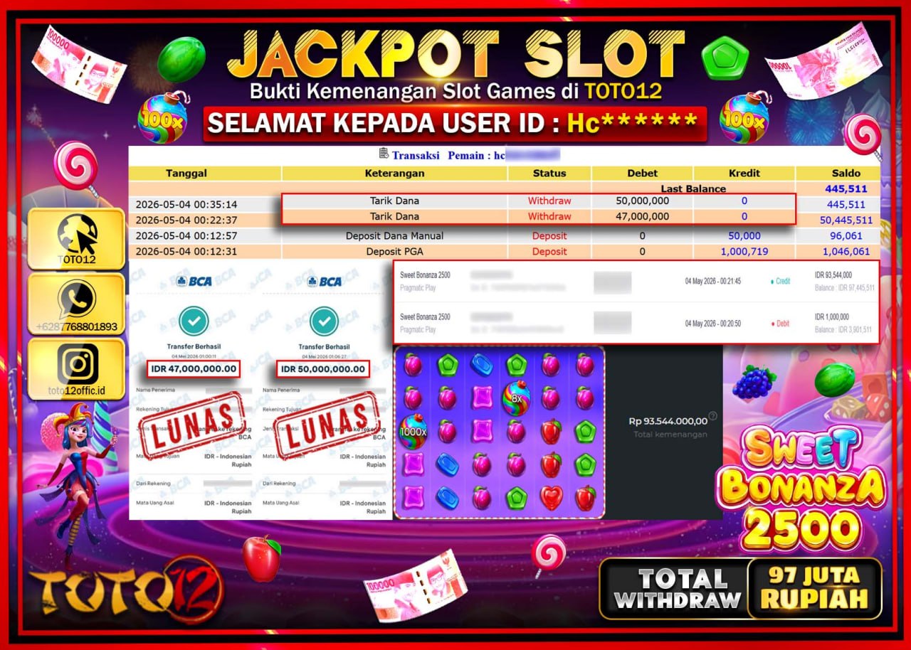 HANYA DI TOTO12 JP PASTI DI BAYAR LUNAS DAN CEPAT!!!!!! JACKPOT SLOT GAME (SWEET BONANZA 2500) Rp.97.000.000!!!!
