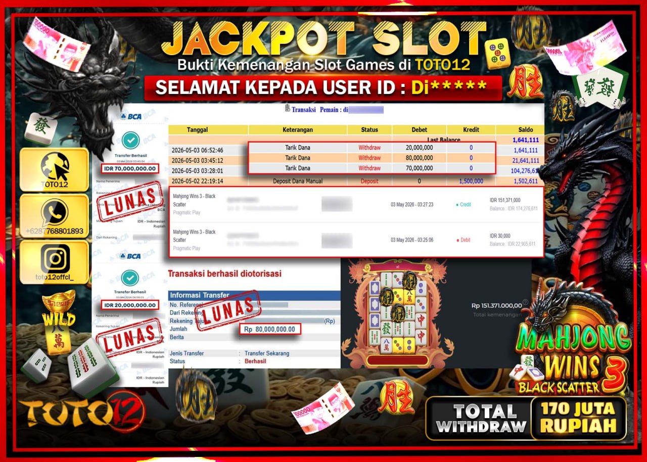 HANYA DI TOTO12 JP PASTI DI BAYAR LUNAS DAN CEPAT!!!!!! JACKPOT SLOT GAME (MAHJONG WINS 3 BLACK SCATTER) Rp.170.000.000!!!!