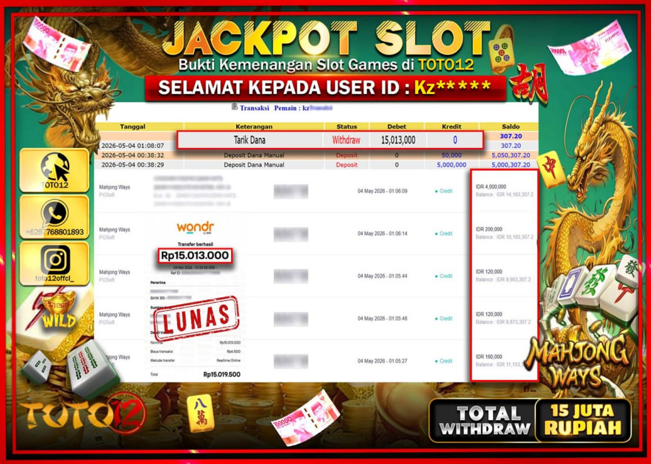 HANYA DI TOTO12 JP PASTI DI BAYAR LUNAS DAN CEPAT!!!!!! JACKPOT SLOT GAME (MAHJONG WAYS) Rp.15.013.000!!!!