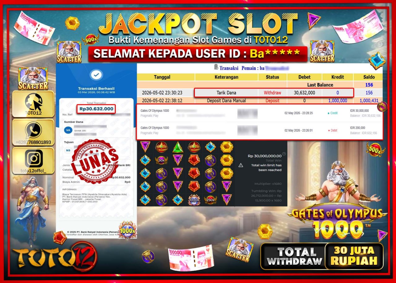 HANYA DI TOTO12 JP PASTI DI BAYAR LUNAS DAN CEPAT!!!!!! JACKPOT SLOT GAME (GATES OF OLYMPUS 1000) Rp30.632.000!!!!