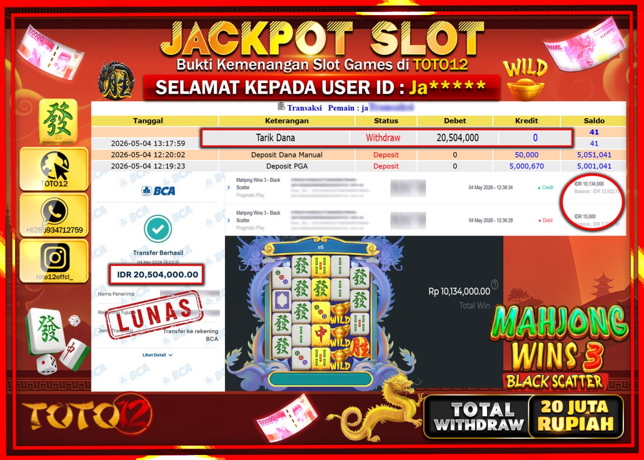 HANYA DI TOTO12 JP PASTI DI BAYAR LUNAS DAN CEPAT!!!!!! JACKPOT SLOT GAME (MAHJONG WINS 3 BLACK SCATTER) Rp.20.504.000!!!!