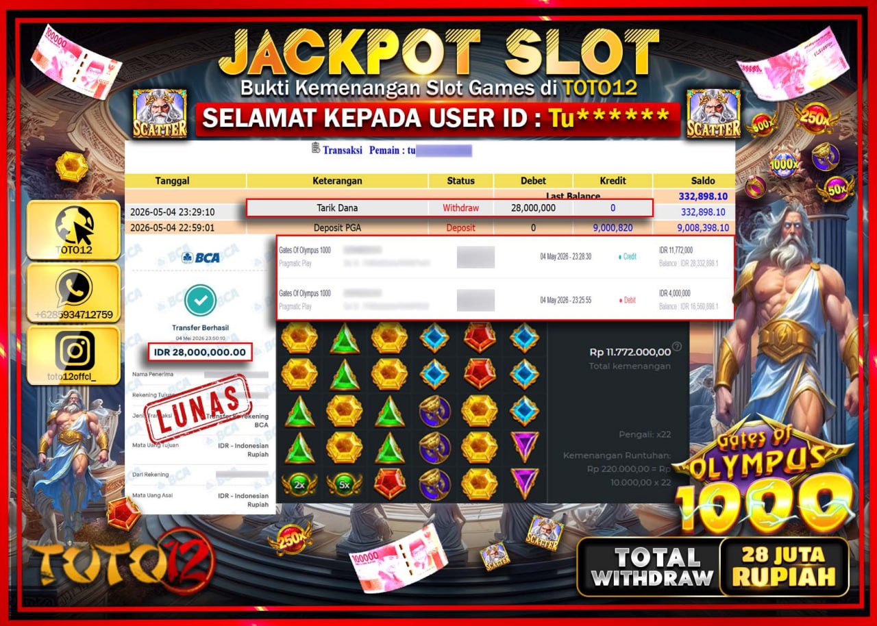 HANYA DI TOTO12 JP PASTI DI BAYAR LUNAS DAN CEPAT!!!!!! JACKPOT SLOT GAME (GATES OF OLYMPUS 1000) Rp.28.000.000!!!!