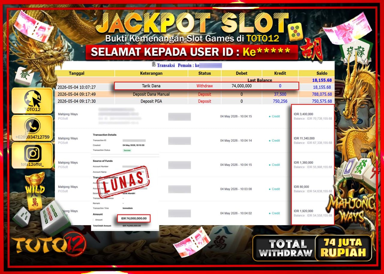 HANYA DI TOTO12 JP PASTI DI BAYAR LUNAS DAN CEPAT!!!!!! JACKPOT SLOT GAME (MAHJONG WAYS) Rp74.000.000!!!!