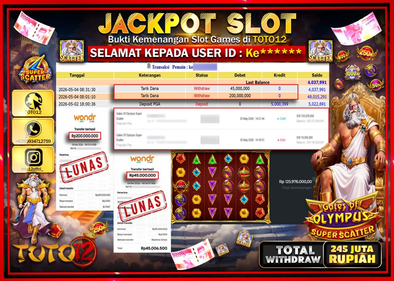 HANYA DI TOTO12 JP PASTI DI BAYAR LUNAS DAN CEPAT!!!!!! JACKPOT SLOT GAME (GATES OF OLYMPUS SUPER SCATTER) Rp245.000.000!!!!