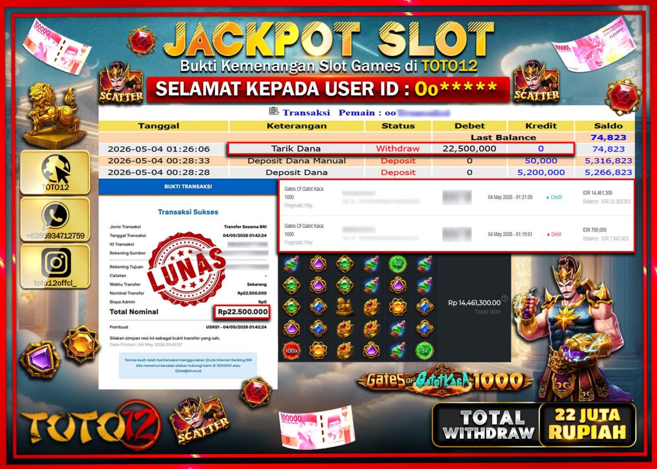 HANYA DI TOTO12 JP PASTI DI BAYAR LUNAS DAN CEPAT!!!!!! JACKPOT SLOT GAME (GATES OF GATOTKACA 1000) Rp22.500.000!!!!