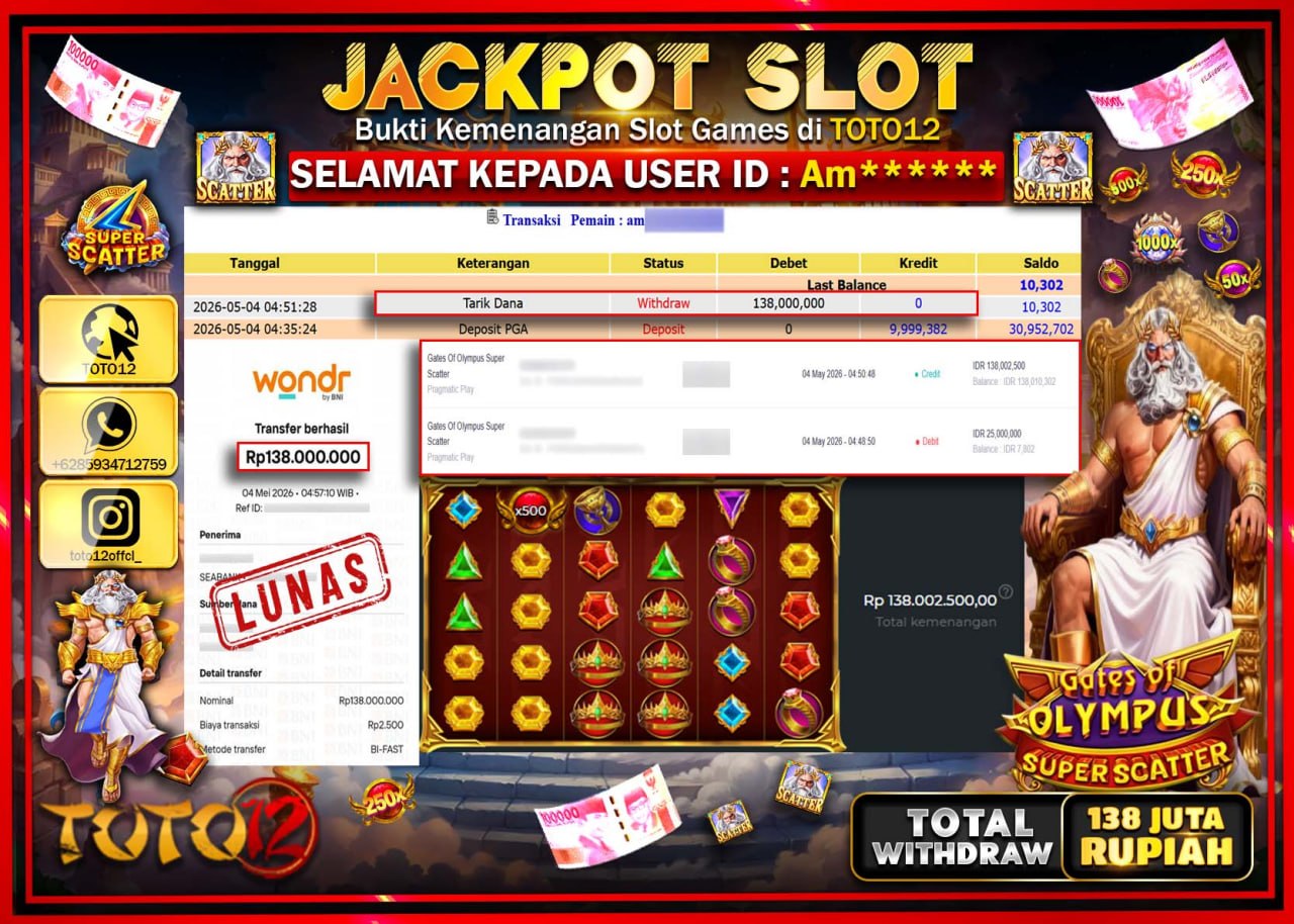 HANYA DI TOTO12 JP PASTI DI BAYAR LUNAS DAN CEPAT!!!!!! JACKPOT SLOT GAME (GATES OF OLYMPUS SUPER SCATTER) Rp138.000.000!!!!