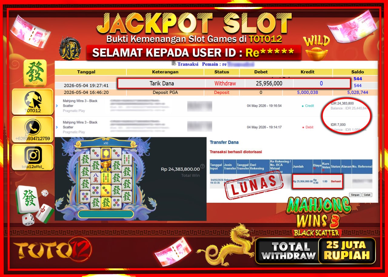 HANYA DI TOTO12 JP PASTI DI BAYAR LUNAS DAN CEPAT!!!!!! JACKPOT SLOT GAME (MAHJONG WINS 3 BLACK SCATTER) Rp25.956.000!!!!