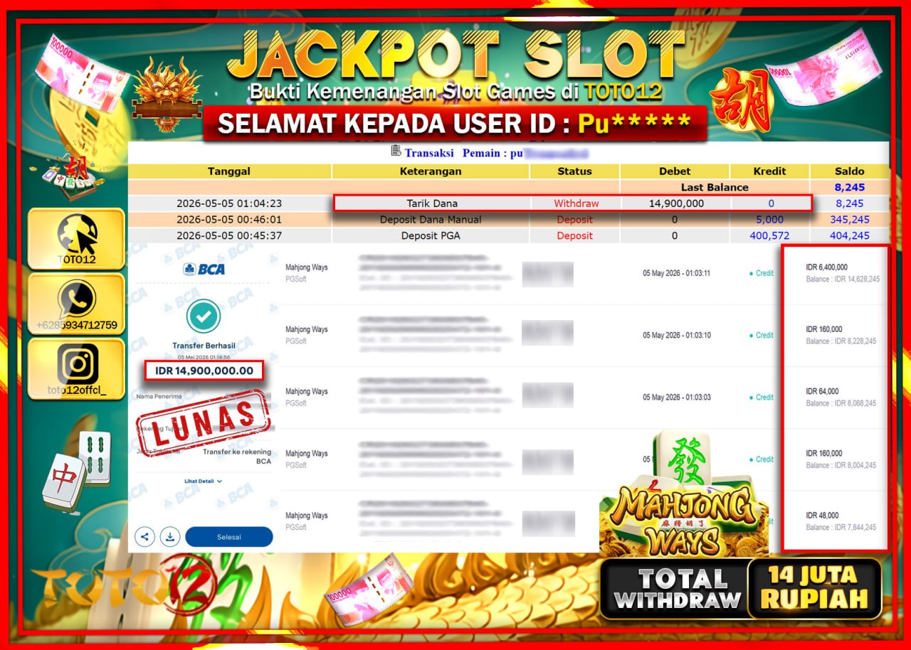 HANYA DI TOTO12 JP PASTI DI BAYAR LUNAS DAN CEPAT!!!!!! JACKPOT SLOT GAME (MAHJONG WAYS) Rp14.900.000!!!!