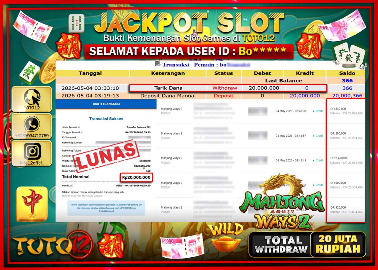 HANYA DI TOTO12 JP PASTI DI BAYAR LUNAS DAN CEPAT!!!!!! JACKPOT SLOT GAME (MAHJONG WAYS 2) Rp20.000.000!!!!
