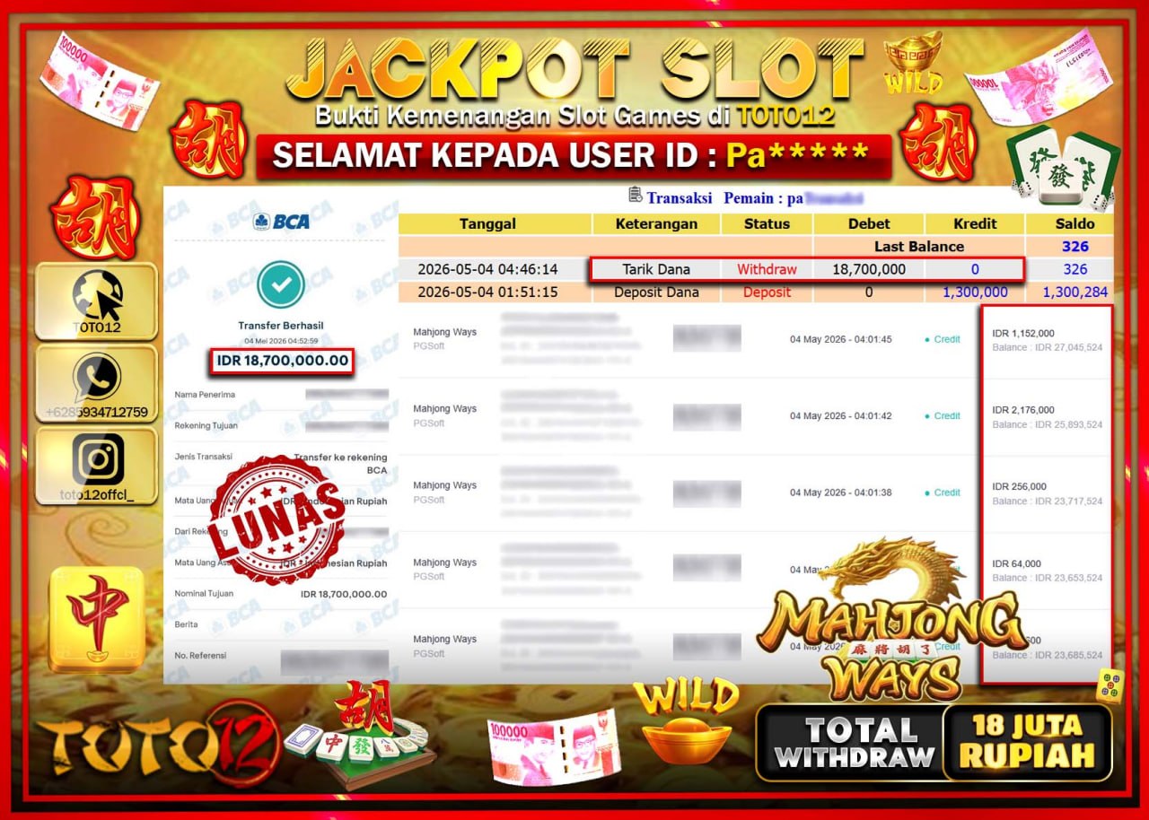 HANYA DI TOTO12 JP PASTI DI BAYAR LUNAS DAN CEPAT!!!!!! JACKPOT SLOT GAME (MAHJONG WAYS) Rp18.700.000!!!!