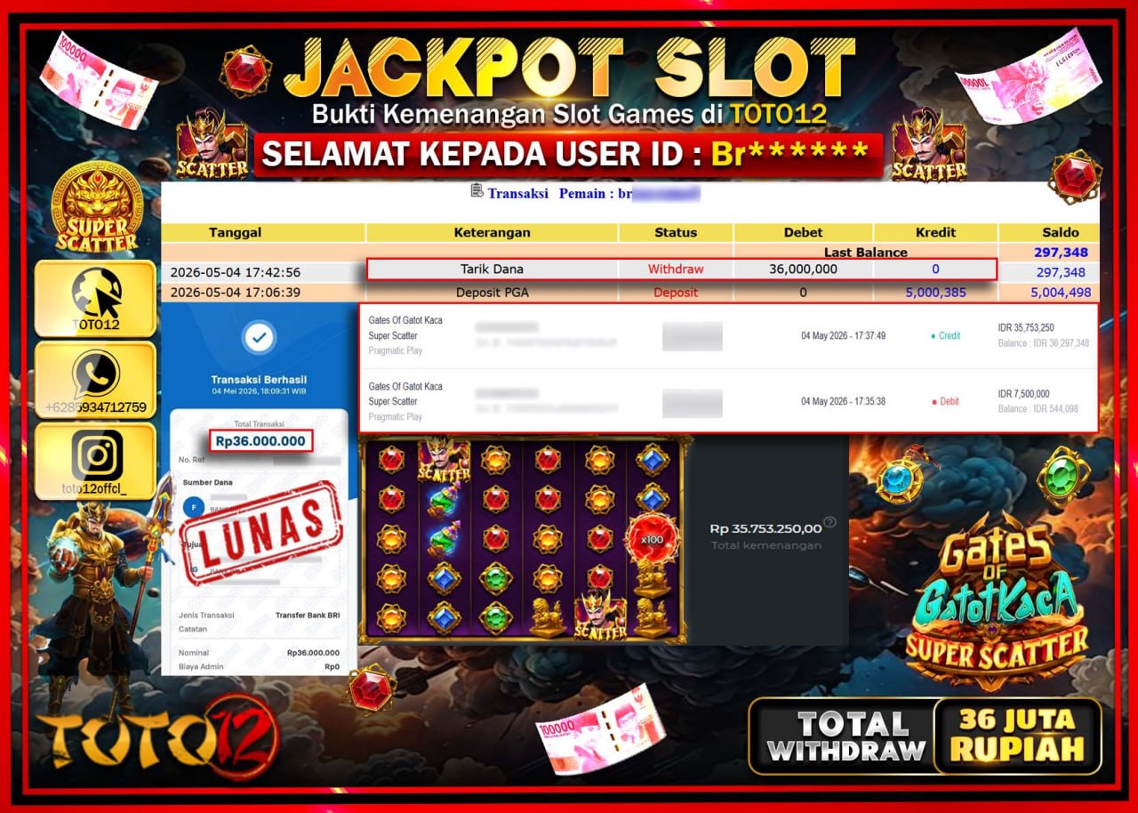 HANYA DI TOTO12 JP PASTI DI BAYAR LUNAS DAN CEPAT!!!!!! JACKPOT SLOT GAME (GATES OF GATOTKACA SUPER SCATTER) Rp36.000.000!!!!