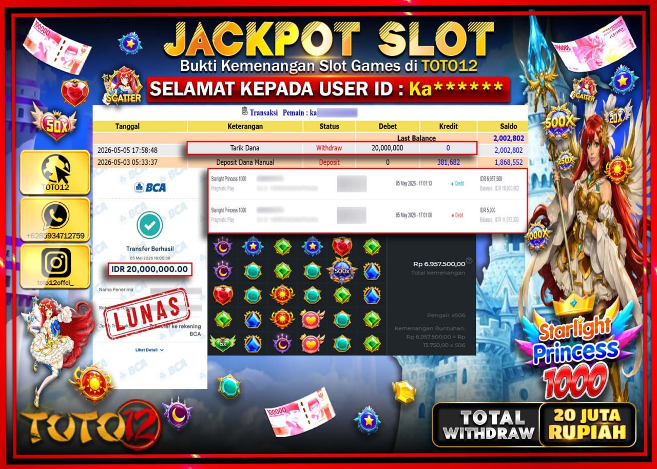 HANYA DI TOTO12 JP PASTI DI BAYAR LUNAS DAN CEPAT!!!!!! JACKPOT SLOT GAME (STARLIGHT PRINCESS 1000) Rp20.000.000!!!!