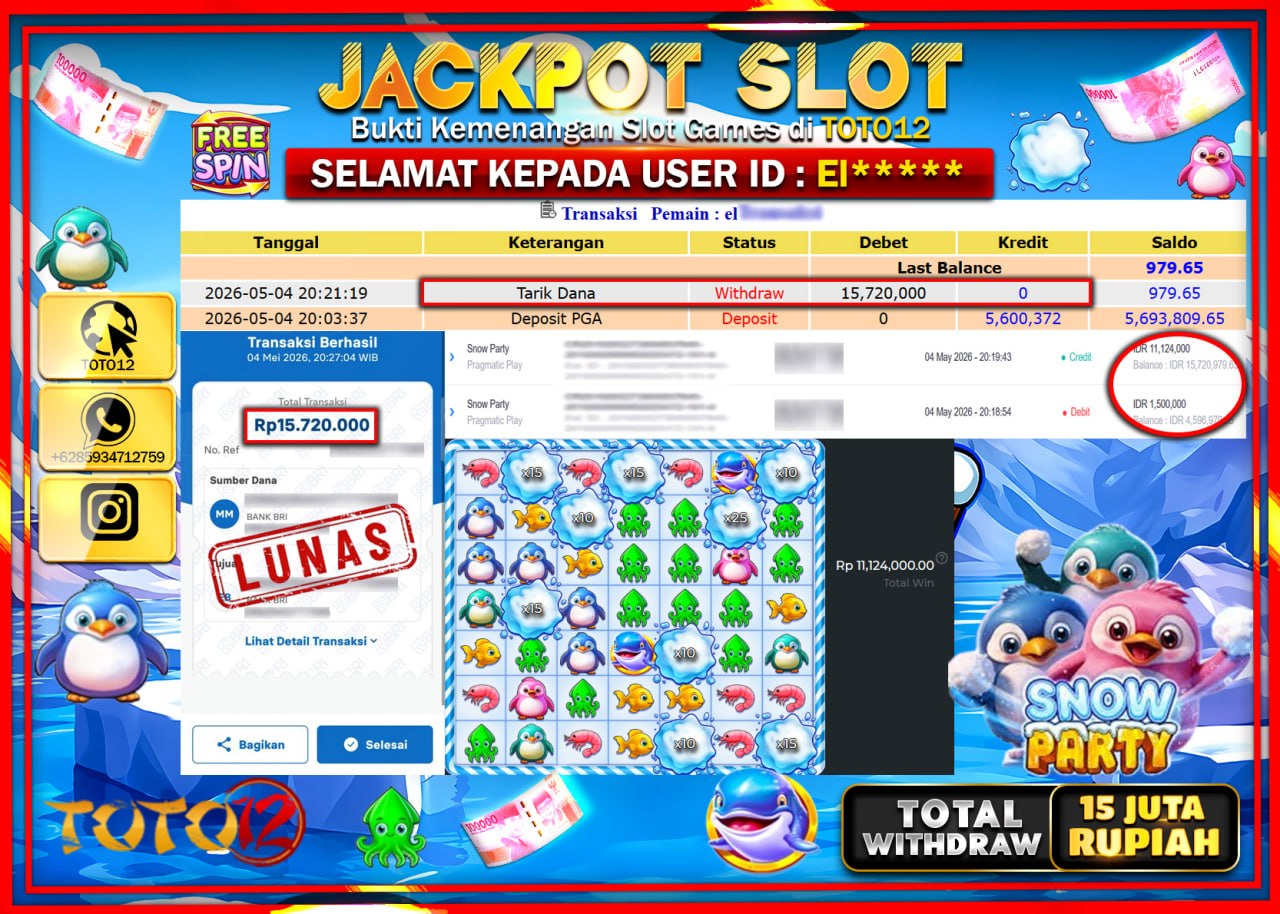 HANYA DI TOTO12 JP PASTI DI BAYAR LUNAS DAN CEPAT!!!!!! JACKPOT SLOT GAME (SNOW PARTY) Rp15.720.000!!!!