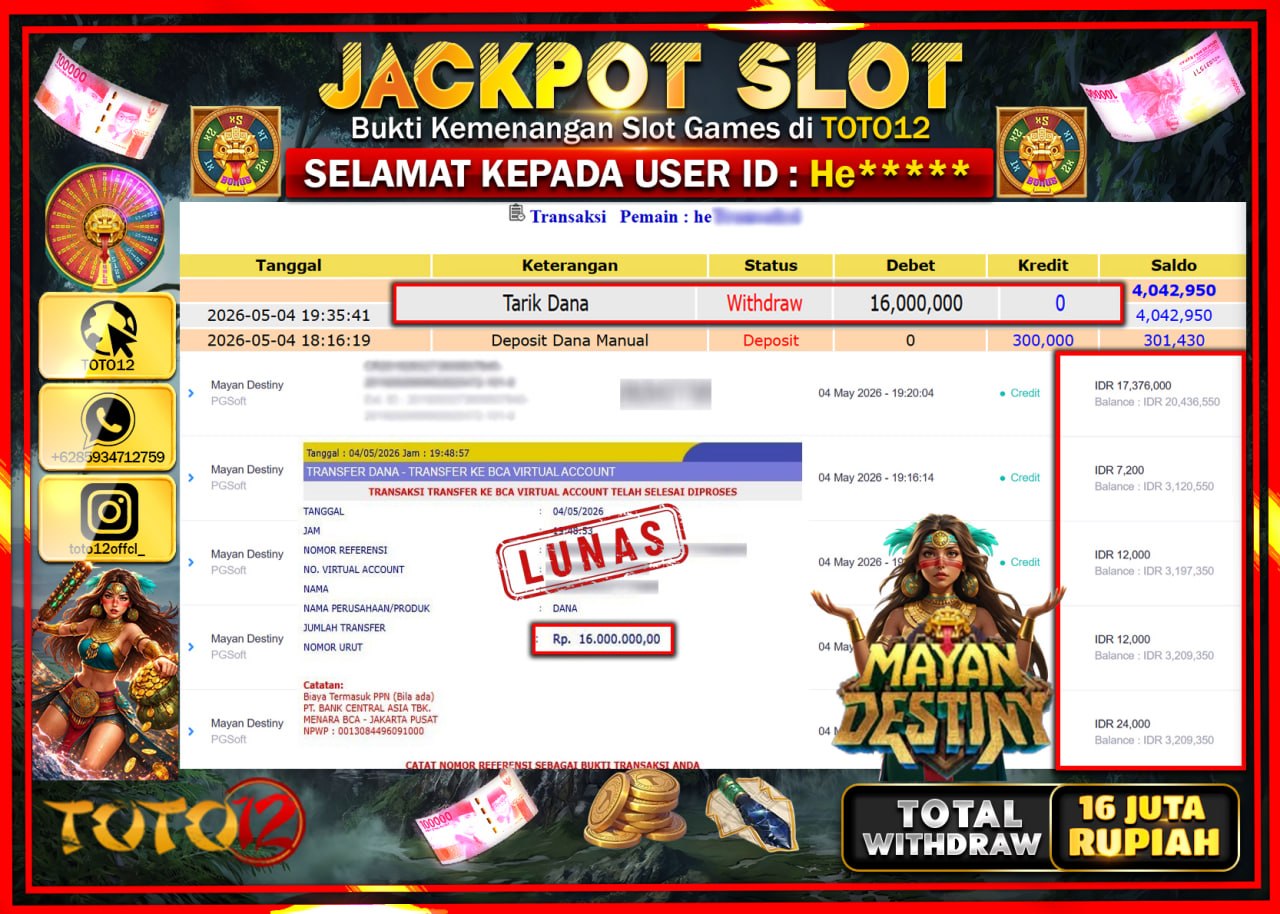HANYA DI TOTO12 JP PASTI DI BAYAR LUNAS DAN CEPAT!!!!!! JACKPOT SLOT GAME (MAYAN DESTINY) Rp16.000.000!!!!