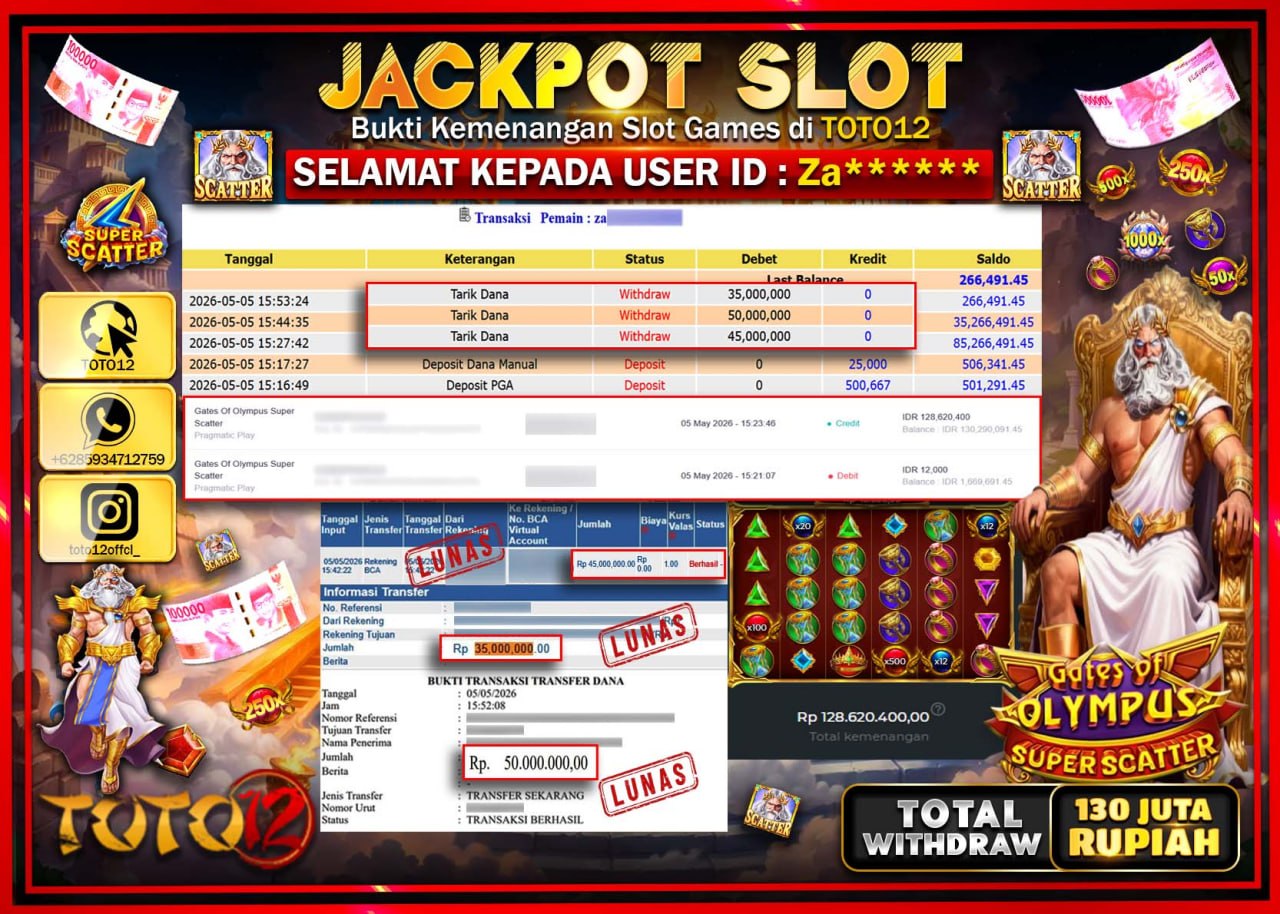 HANYA DI TOTO12 JP PASTI DI BAYAR LUNAS DAN CEPAT!!!!!! JACKPOT SLOT GAME (GATES OF OLYMPUS SUPER SCATTER) Rp130.000.000!!!!