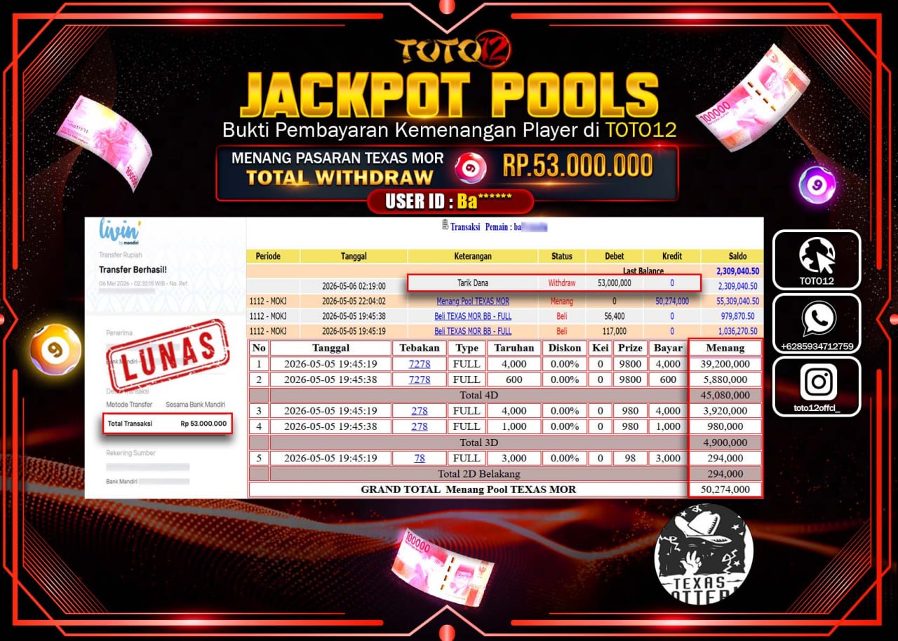 HANYA DI TOTO12 JP PASTI DI BAYAR LUNAS DAN CEPAT!!!!!! JACKPOT POOLS PASARAN (TEXAS MOR) Rp53.000.000!!!!