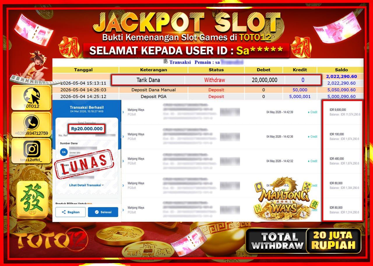 HANYA DI TOTO12 JP PASTI DI BAYAR LUNAS DAN CEPAT!!!!!! JACKPOT SLOT GAME (MAHJONG WAYS) Rp20.000.000!!!!