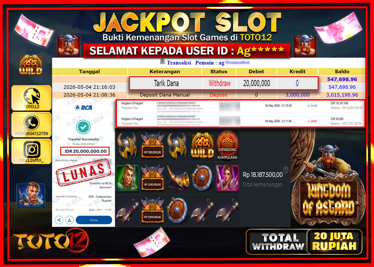 HANYA DI TOTO12 JP PASTI DI BAYAR LUNAS DAN CEPAT!!!!!! JACKPOT SLOT GAME (KINGDOM OF ASGARD) Rp20.000.000!!!!