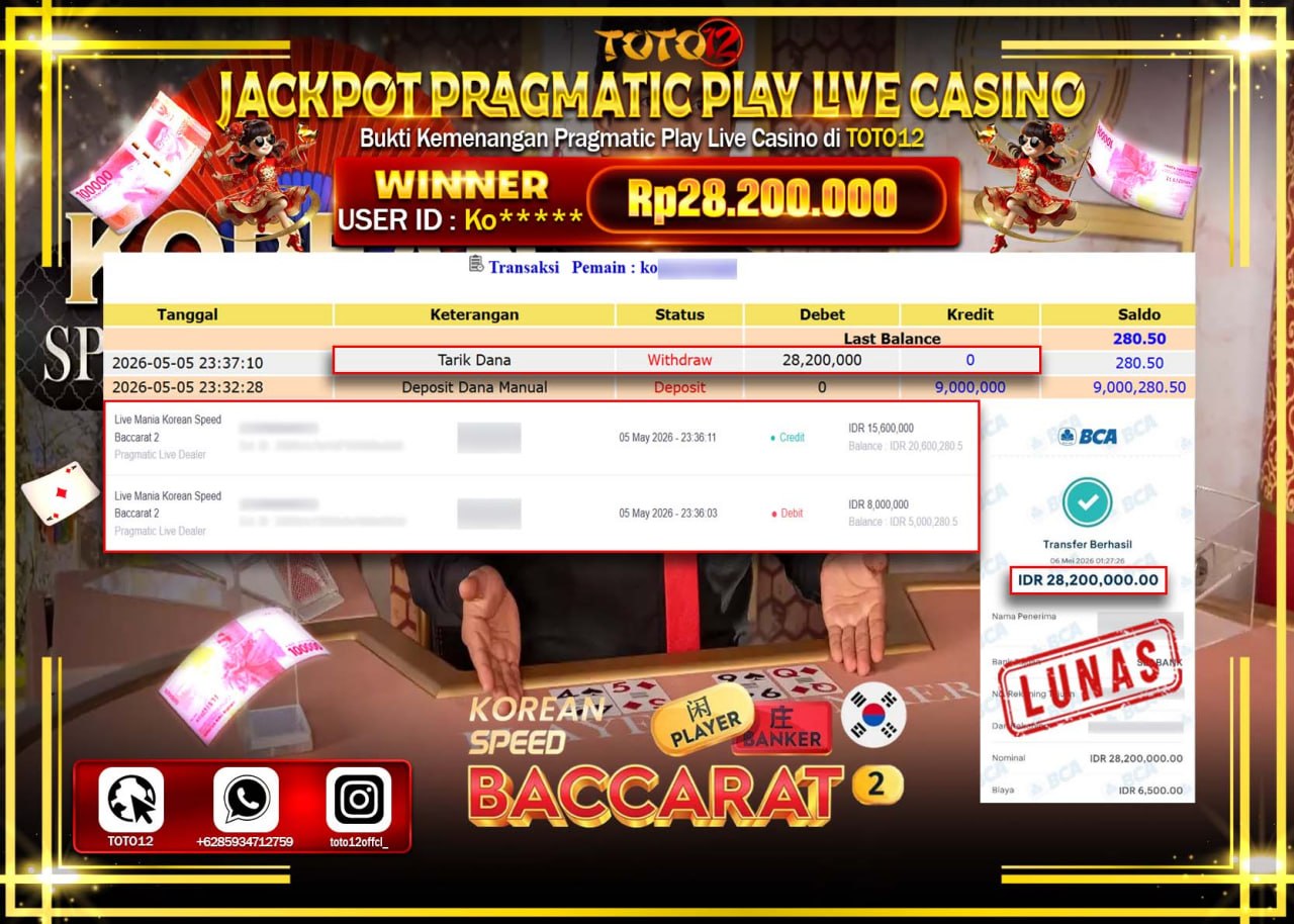 HANYA DI TOTO12 JP PASTI DI BAYAR LUNAS DAN CEPAT!!!!!! JACKPOT PRAGMATIC PLAY LIVE GAME CASINO (LIVE MANIA KOREAN SPEED BACCARAT 2) Rp28.200.000!!!!