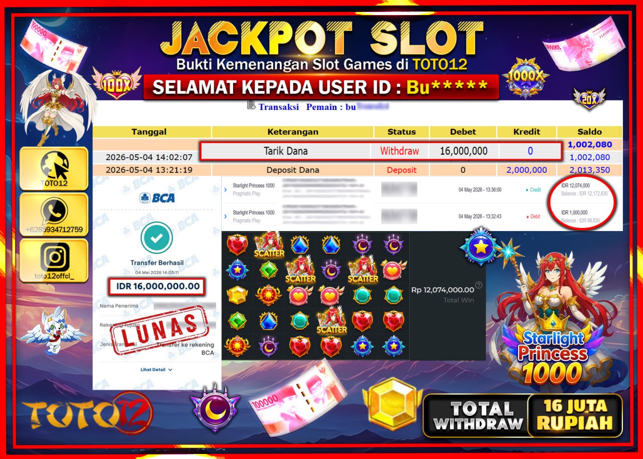 HANYA DI TOTO12 JP PASTI DI BAYAR LUNAS DAN CEPAT!!!!!! JACKPOT SLOT GAME (STARLIGHT PRINCESS 1000) Rp16.000.000!!!!