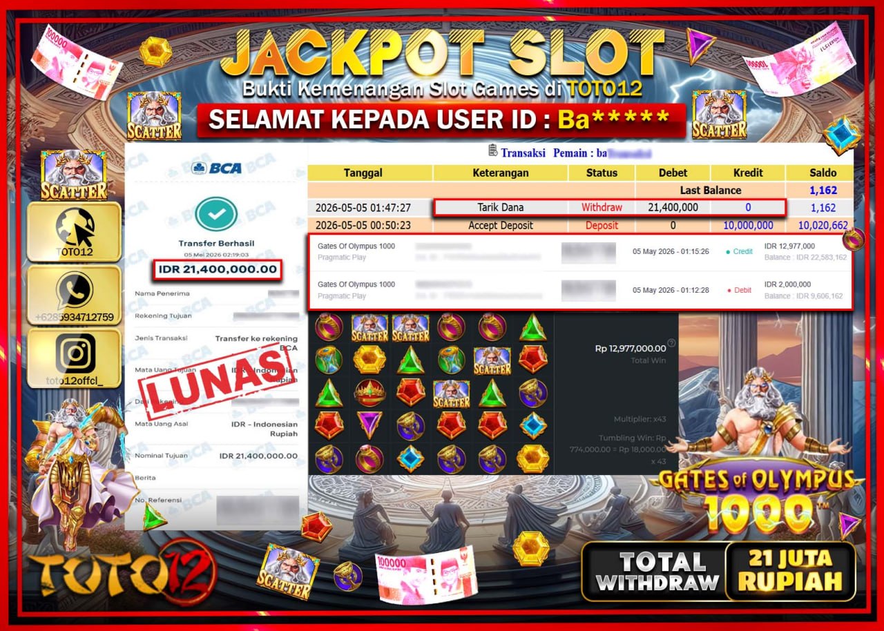 HANYA DI TOTO12 JP PASTI DI BAYAR LUNAS DAN CEPAT!!!!!! JACKPOT SLOT GAME (GATES OF OLYMPUS 1000) Rp21.400.000!!!!