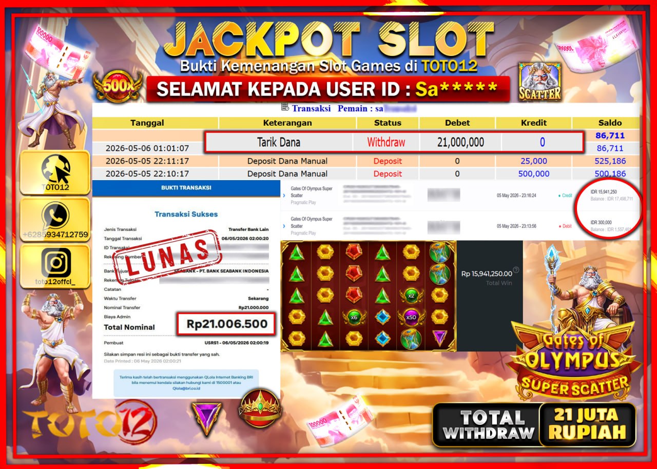 HANYA DI TOTO12 JP PASTI DI BAYAR LUNAS DAN CEPAT!!!!!! JACKPOT SLOT GAME (GATES OF OLYMPUS SUPER SCATTER) Rp21.000.000!!!!