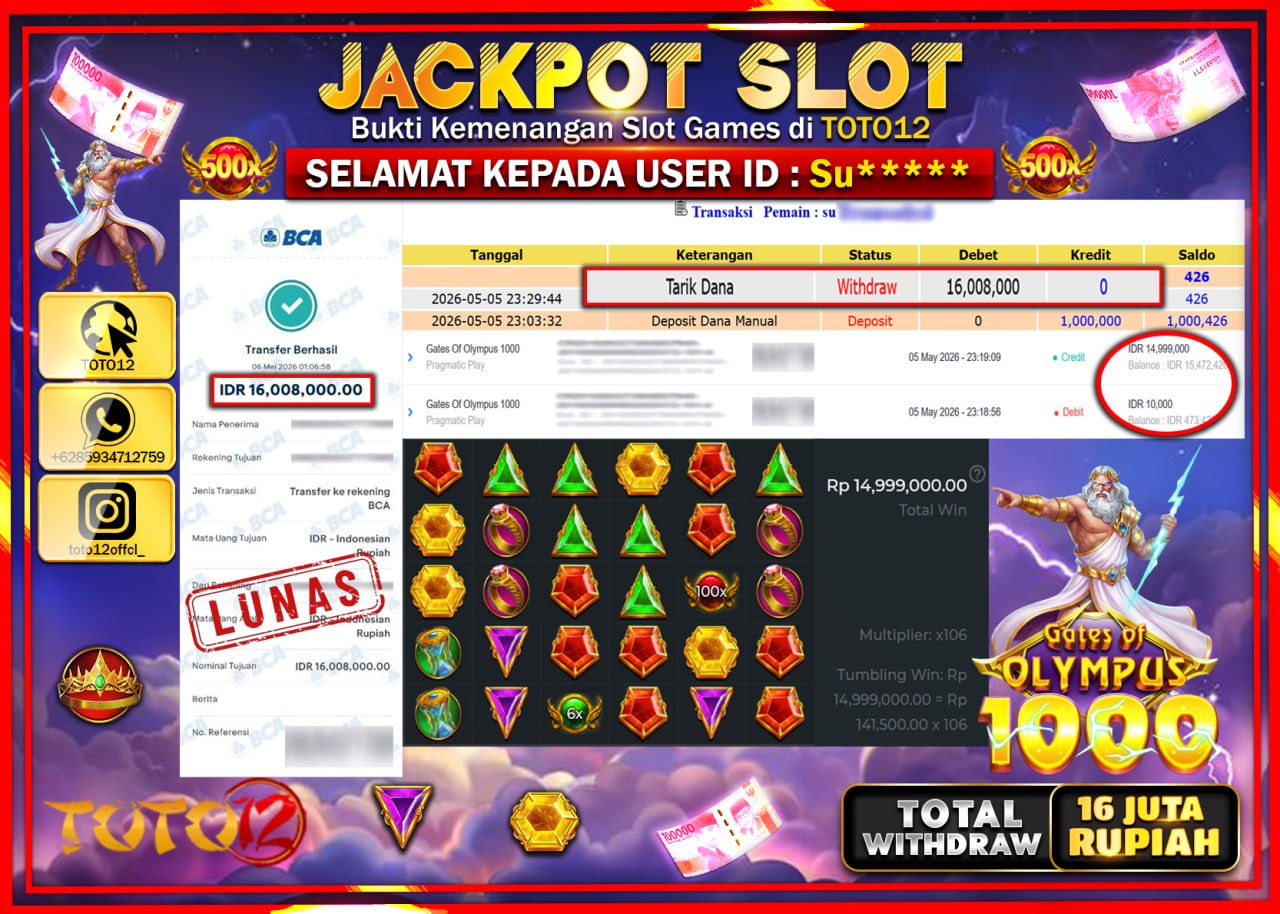 HANYA DI TOTO12 JP PASTI DI BAYAR LUNAS DAN CEPAT!!!!!! JACKPOT SLOT GAME (GATES OF OLYMPUS 1000) Rp16.008.000!!!!