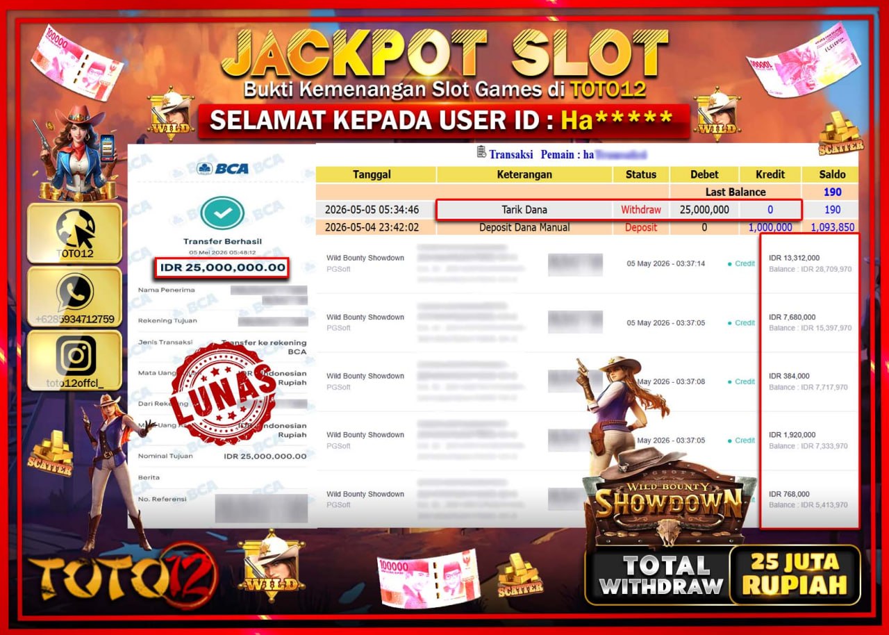 HANYA DI TOTO12 JP PASTI DI BAYAR LUNAS DAN CEPAT!!!!!! JACKPOT SLOT GAME (WILD BOUNTY SHOWDOWN) Rp25.000.000!!!!