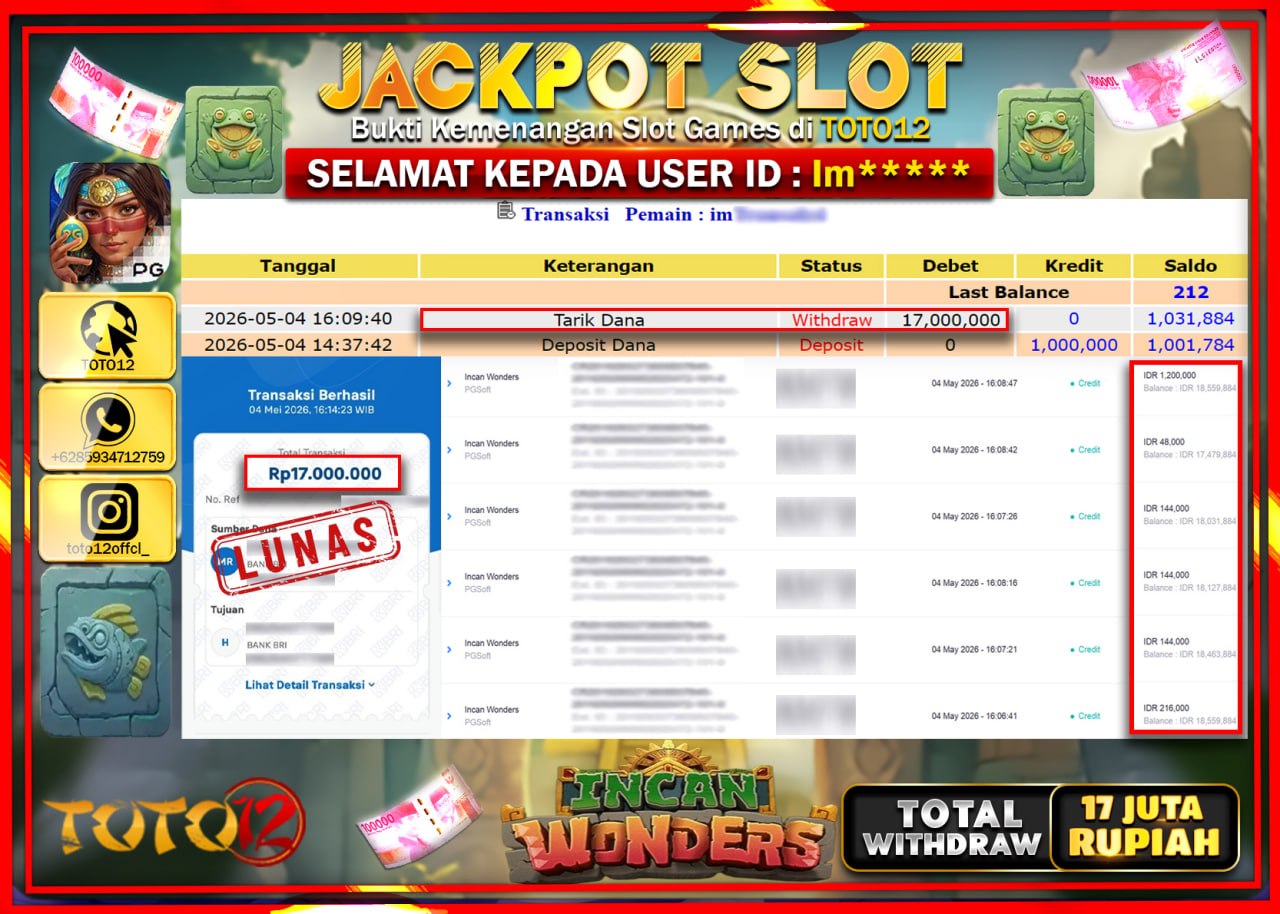 HANYA DI TOTO12 JP PASTI DI BAYAR LUNAS DAN CEPAT!!!!!! JACKPOT SLOT GAME (INCAN WONDERS) Rp17.000.000!!!!