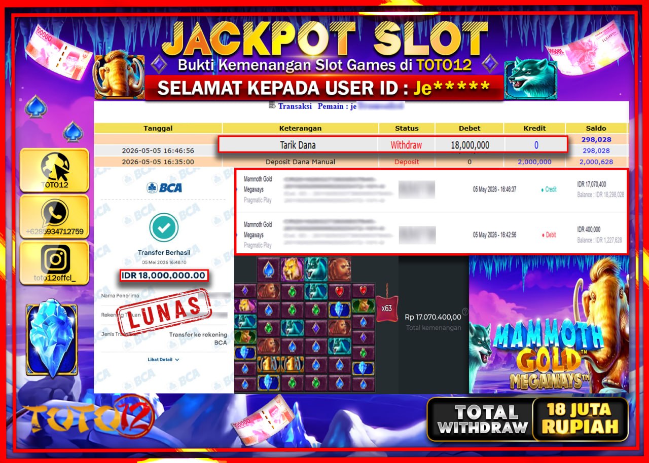 HANYA DI TOTO12 JP PASTI DI BAYAR LUNAS DAN CEPAT!!!!!! JACKPOT SLOT GAME (MAMMOTH GOLD MEGAWAYS) Rp18.000.000!!!!