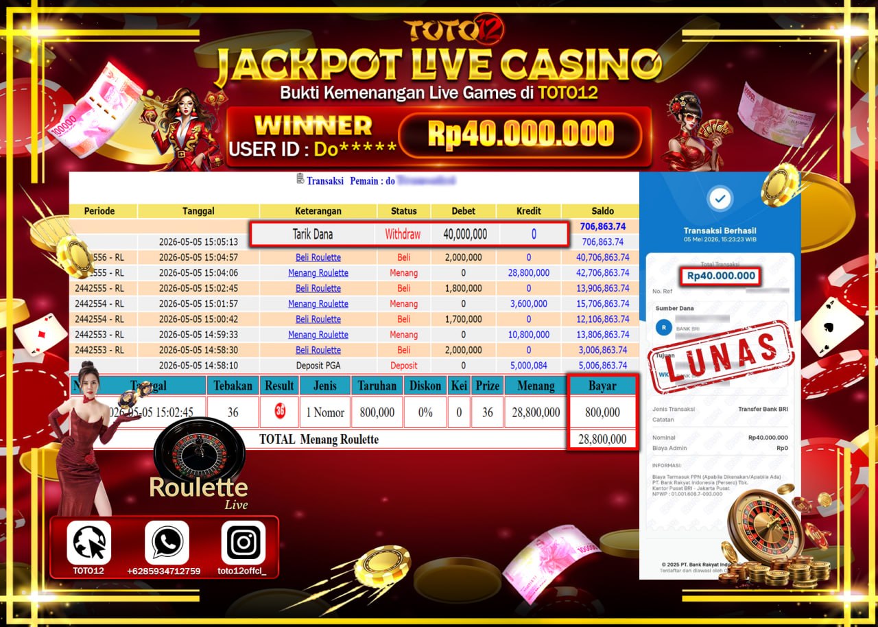 HANYA DI TOTO12 JP PASTI DI BAYAR LUNAS DAN CEPAT!!!!!! JACKPOT  LIVE GAME CASINO (ROULETTE) Rp40.000.000!!!!