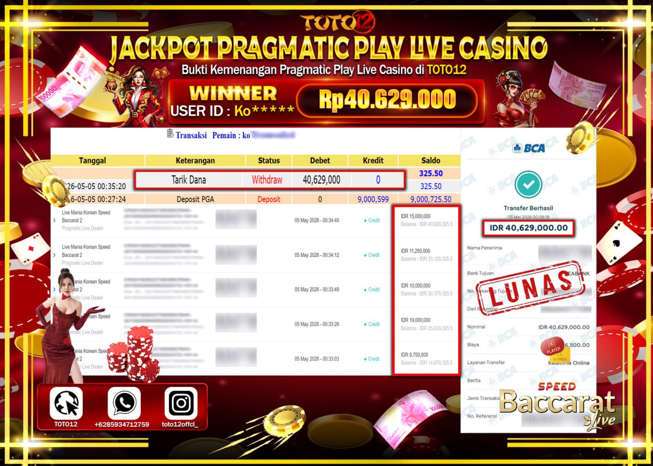 HANYA DI TOTO12 JP PASTI DI BAYAR LUNAS DAN CEPAT!!!!!! JACKPOT PRAGMATIC PLAY LIVE GAME CASINO (LIVE MANIA KOREAN SPEED BACCARAT 2) Rp40.629.000!!!!
