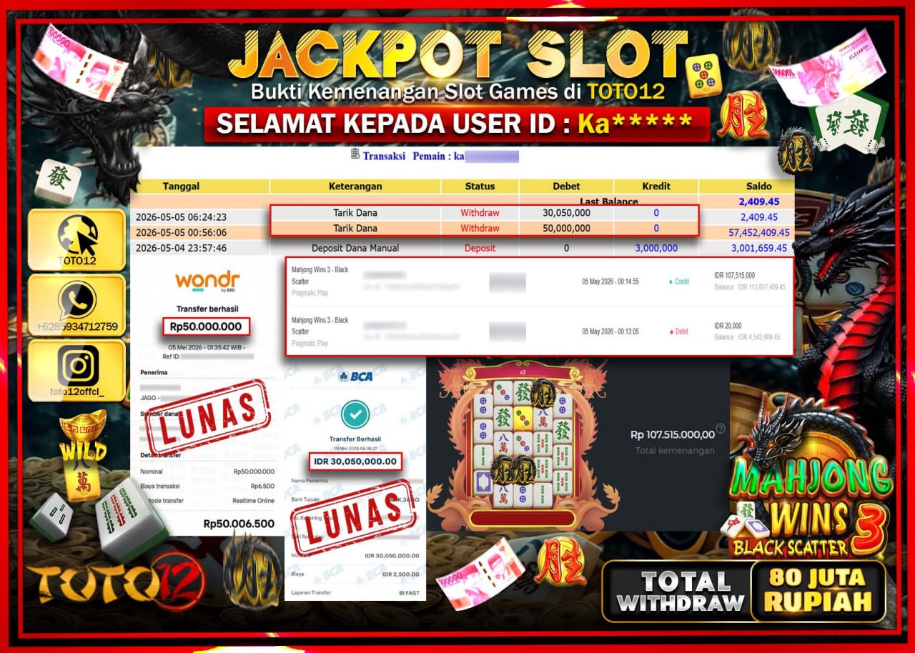 HANYA DI TOTO12 JP PASTI DI BAYAR LUNAS DAN CEPAT!!!!!! JACKPOT SLOT GAME (MAHJONG WINS 3 BLACK SCATTER) Rp80.050.000!!!!