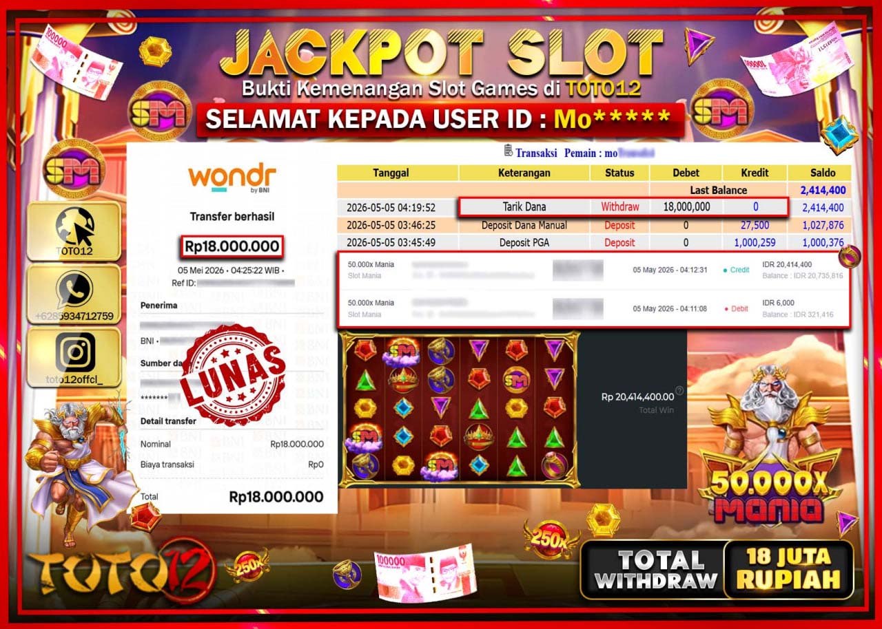 HANYA DI TOTO12 JP PASTI DI BAYAR LUNAS DAN CEPAT!!!!!! JACKPOT SLOT GAME (50.000X MANIA) Rp18.000.000!!!!